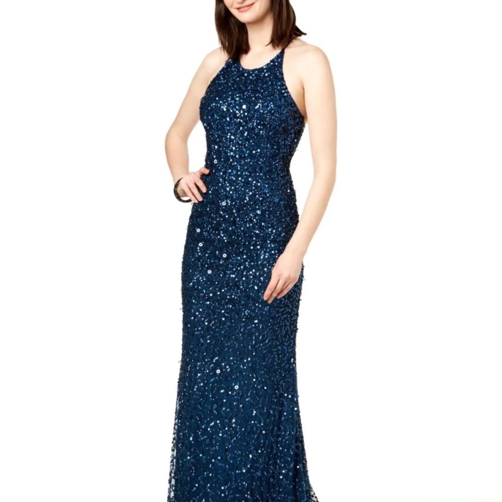 Adrianna Papell Deep Blue Sequin Halter Dress